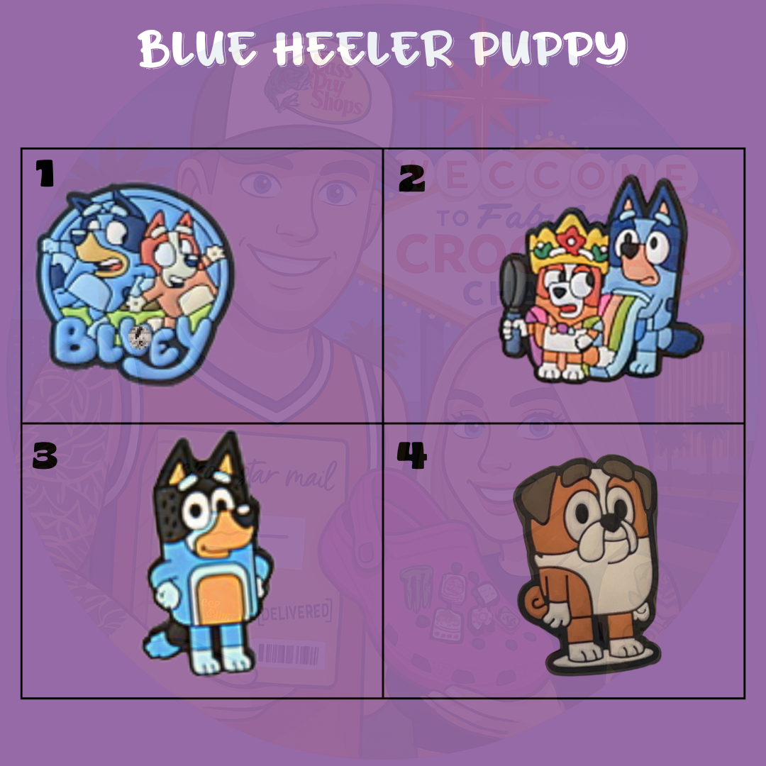 Cute blue puppy cartoon Croc charms set for kids”
“Family-inspired dog Croc charms on blue and yellow Crocs shoes”
“Playful puppy Croc charms flat lay – toys, bones, and rainbow designs”
“Colorful cartoon dog Croc charms set for children”
“Adorable blue dog-inspired Croc charms gift set for families”