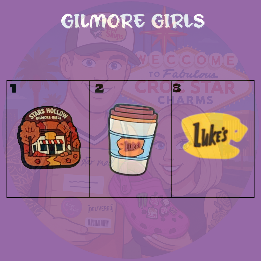 Cozy coffee-themed Croc charms in warm autumn colors”
“Small-town inspired Croc charms with coffee cups and books”
“Fall aesthetic Croc charms on brown and cream Crocs shoes”
“Book and latte Croc charms flat lay – cozy aesthetic accessories”
“Cozy coffee Croc charms gift set for fall lovers and comfort TV fans