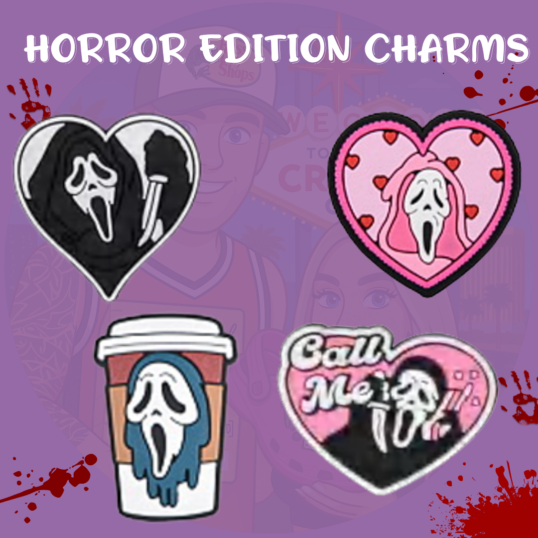 Horror-themed Croc charms featuring ghost face designs in heart shapes, coffee cup, and 'Call Me' text, on a purple background with blood splatter accents