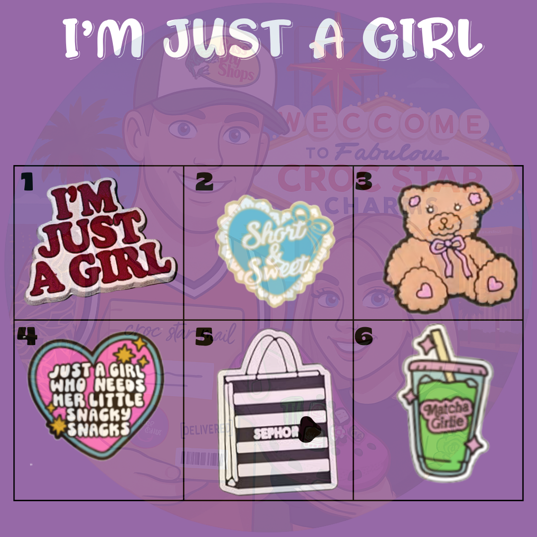 “Pink and girly Croc charms set with hearts, butterflies, and sparkle designs”
“Y2K-inspired Croc charms on pink and white Crocs shoes”
“Cute feminine Croc charms flat lay – lip gloss, flower, and heart designs”
“I’m just a girl–themed Croc charms set in pink aesthetic tones”
“Girly Croc charms gift set – perfect for Y2K and aesthetic fashion lovers”