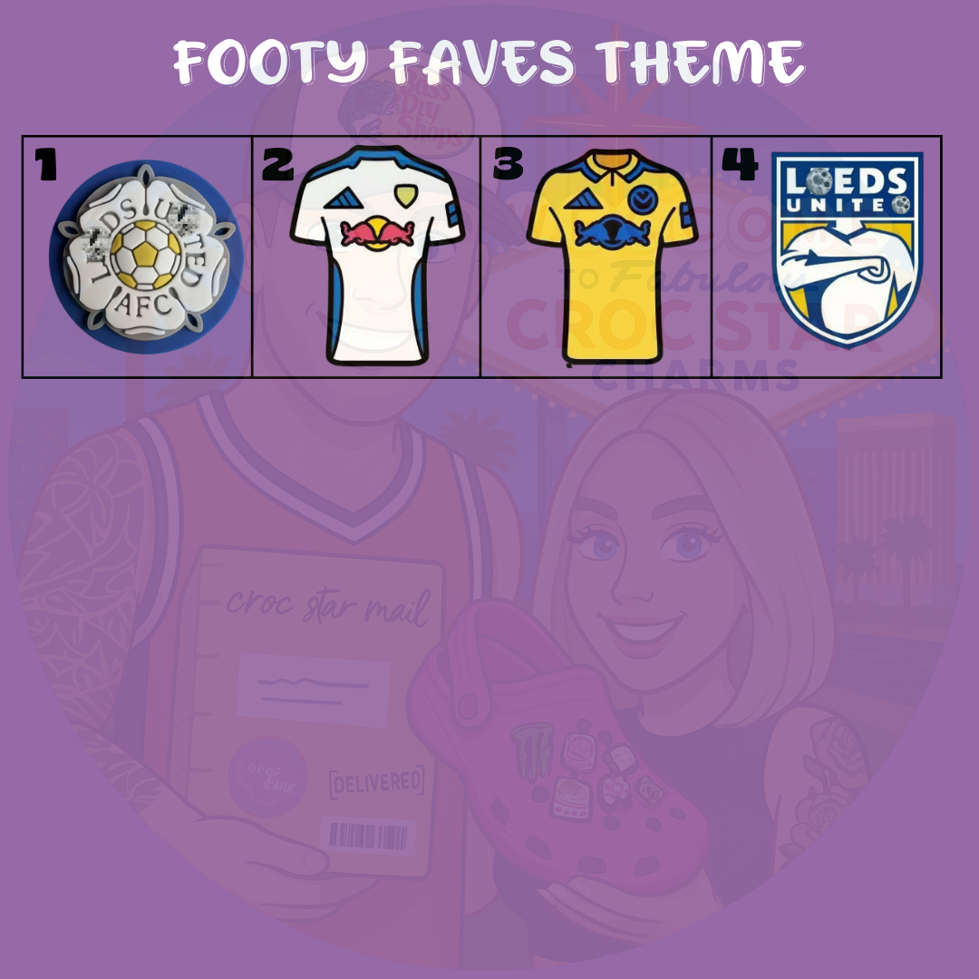 Leeds United football-themed Croc shoe charms featuring the club’s crest, iconic symbols, and football-related designs. Perfect for Leeds United fans to show team spirit and personalize their Crocs