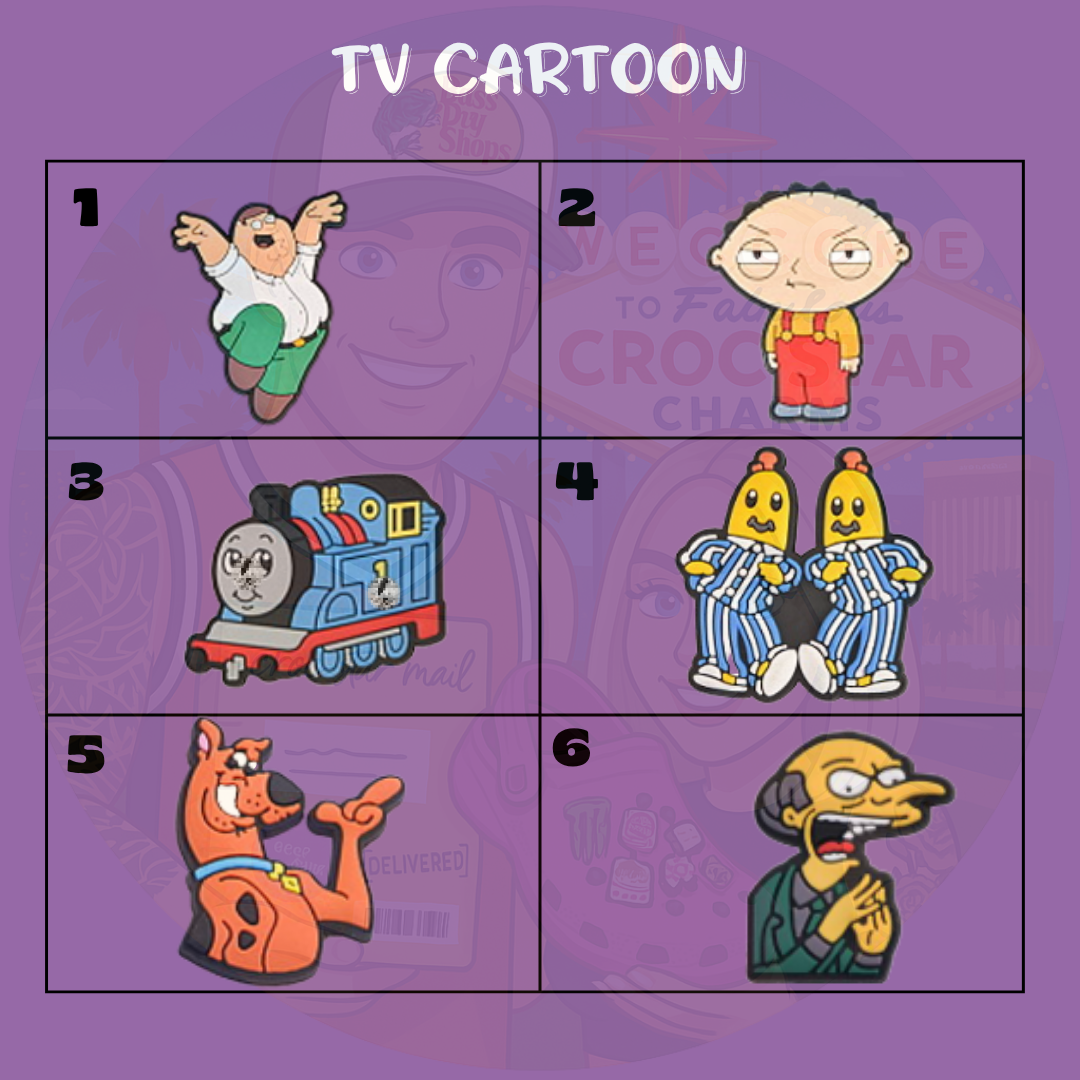 Colorful cartoon TV-themed Croc charms set with fun character designs”
“Retro and modern cartoon-inspired Croc charms on bright Crocs shoes”
“Assorted cartoon Croc charms flat lay – playful and nostalgic styles”
“TV-inspired Croc charms set for kids and adults”
“Fun colorful Croc charms gift set for cartoon lovers”