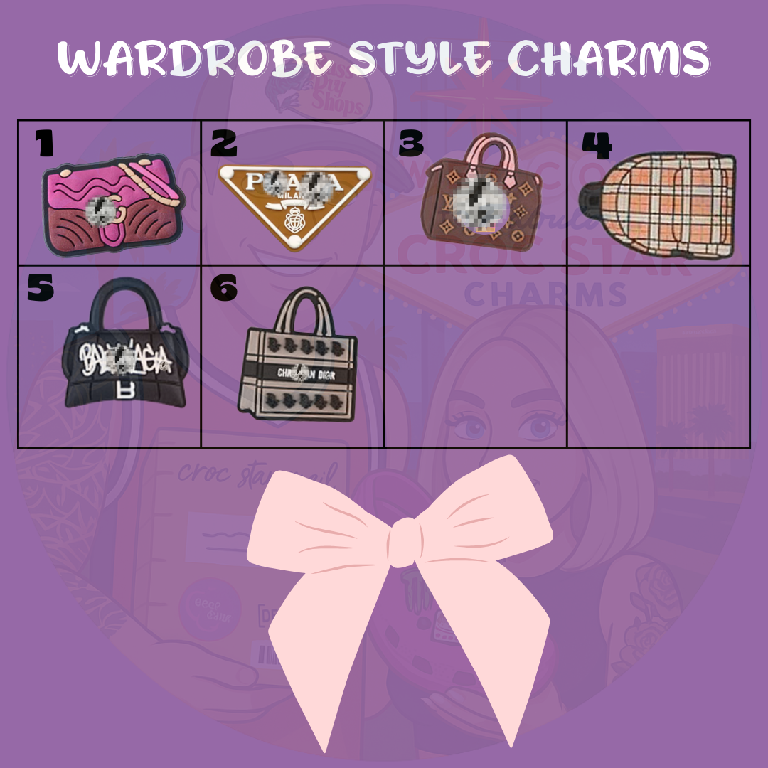 A stylish set of Croc charms inspired by fashion and beauty, featuring mini designs like handbags, sunglasses, lipstick, high heels, and trendy accessories. Made from flexible, colorful rubber, these charms add a chic and fashionable flair to any pair of Crocs.
