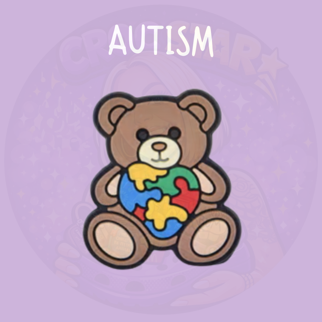 Autism awareness teddy bear shoe charm with colourful rainbow design
