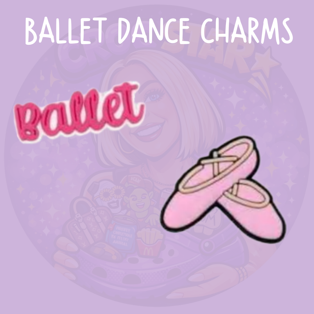 Ballet dance Croc charms featuring pink ballerina and ballet shoe designs
Pink ballet Croc charms for dancers, ballerinas and ballet lovers