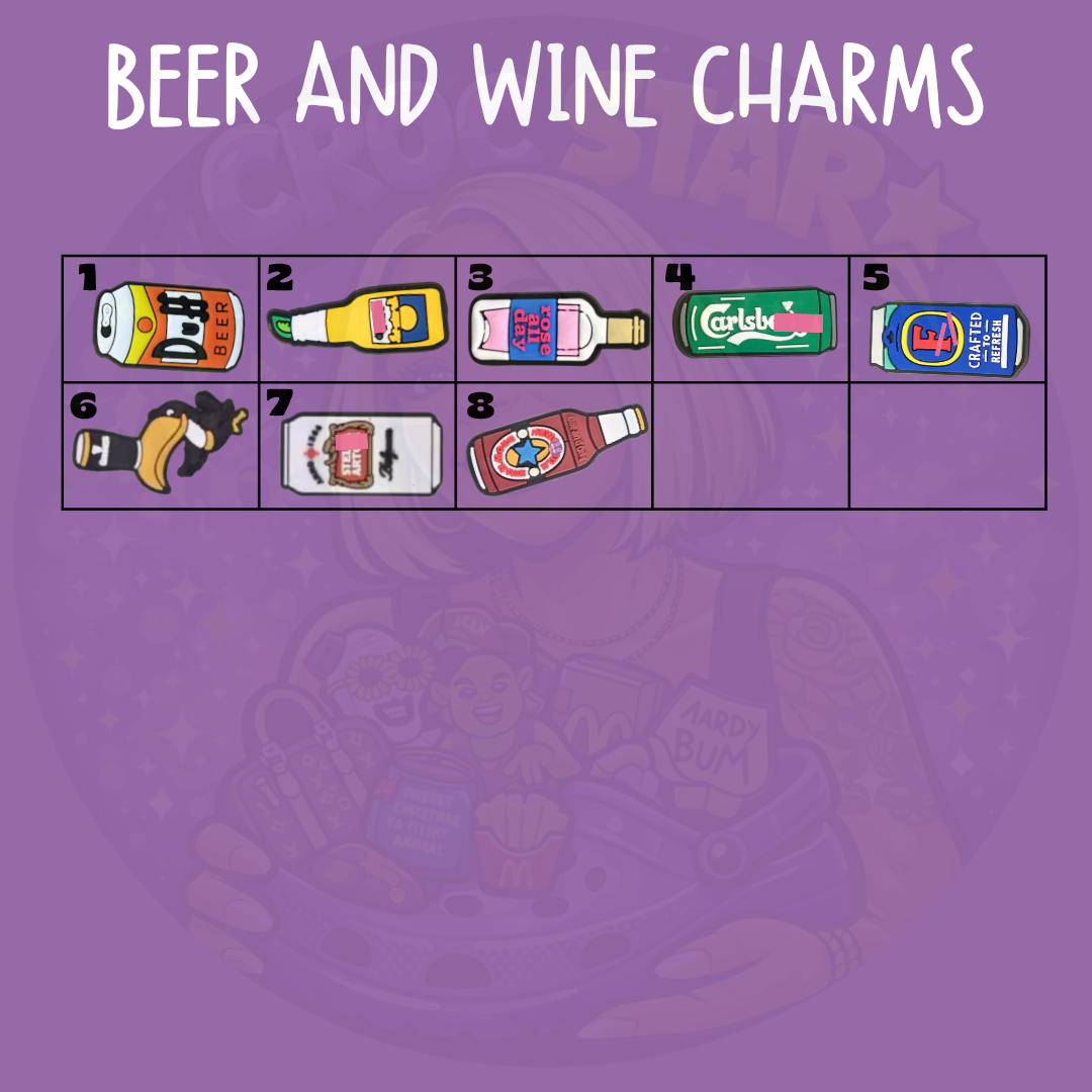 Drinking-themed shoe charms featuring beer, cider, wine bottles and funny beverage designs for Crocs-style clogs