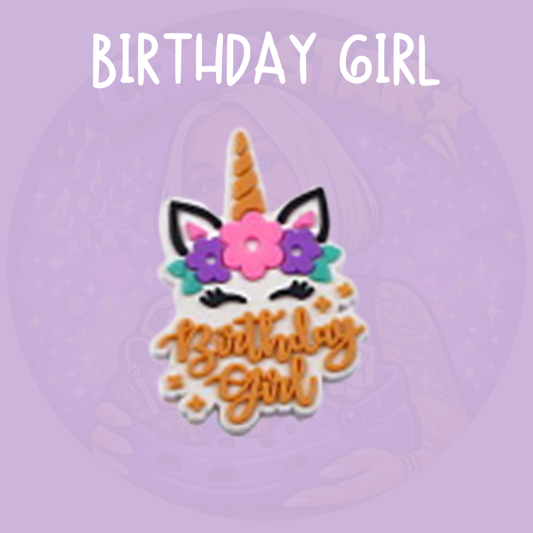 Birthday Girl Croc charm featuring a cute unicorn with flowers and birthday lettering