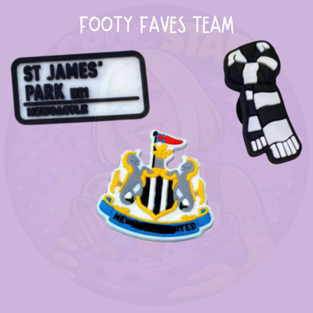 Black and white football inspired croc charms bundle including stadium sign style charm, striped scarf design and crest badge on a purple background