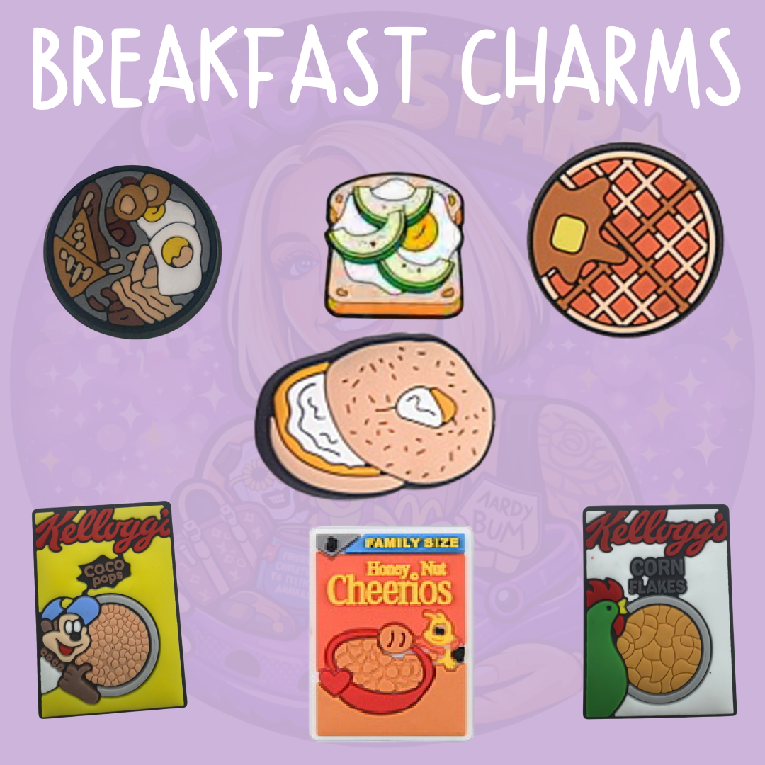 Breakfast Croc charms featuring Full English breakfast, toast, pancakes and cereal designs