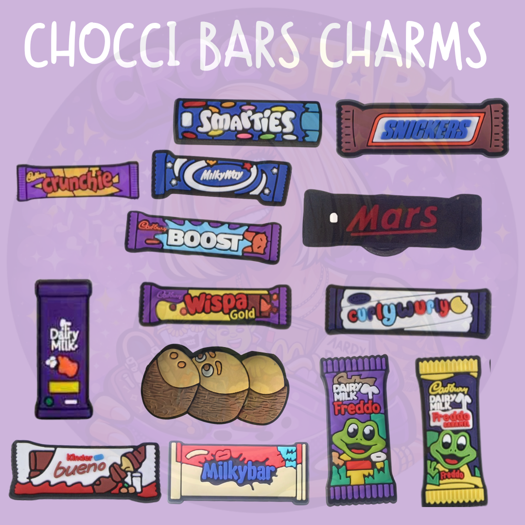 Chocolate bar Croc charms featuring British chocolate and sweet-inspired designs