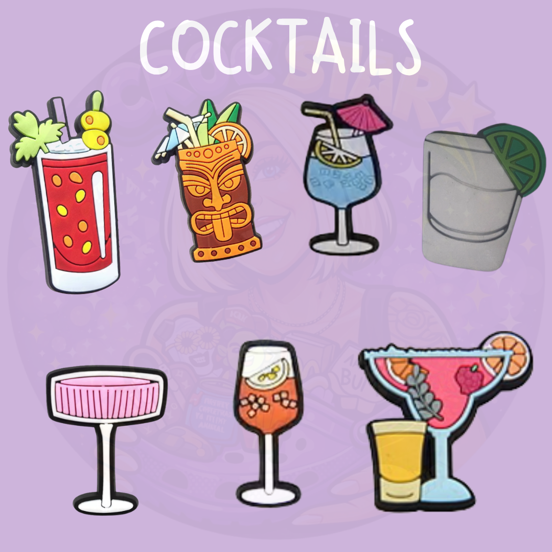 Tropical cocktail themed clog charms with fruity drink designs
