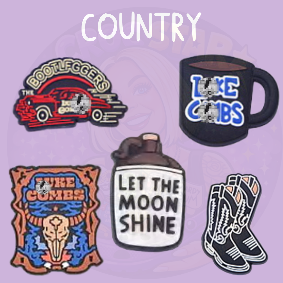 Country themed croc charms featuring cowboy boots, mug design and western style graphics on a purple background