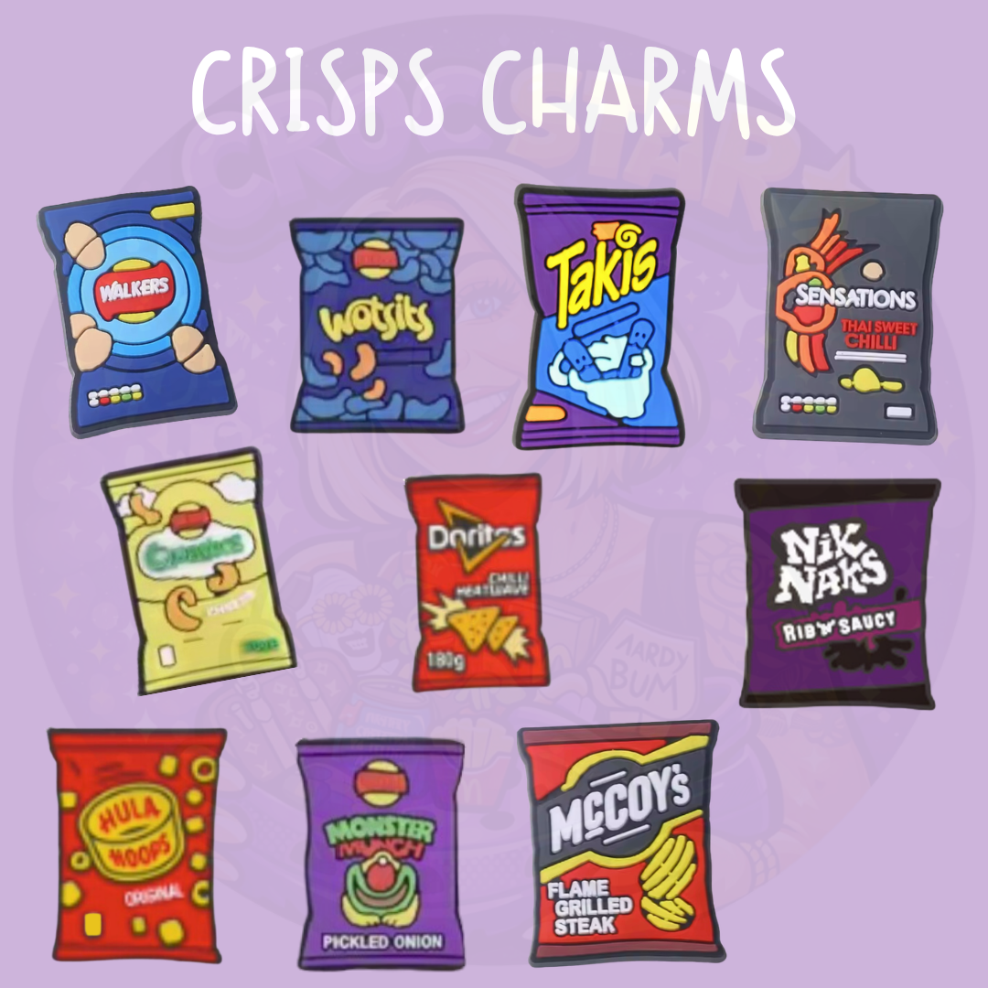 Crisps croc charms featuring British snack designs