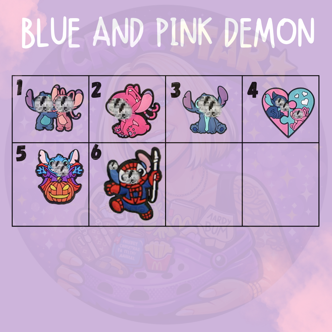 Cute blue and pink alien shoe charms with colourful cartoon character designs