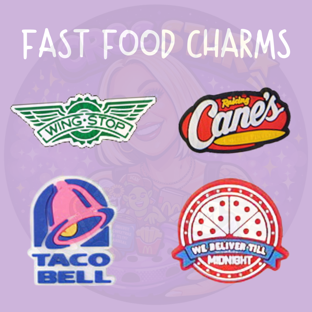 Fast food shoe charm collection featuring chicken, tacos and pizza-inspired designs