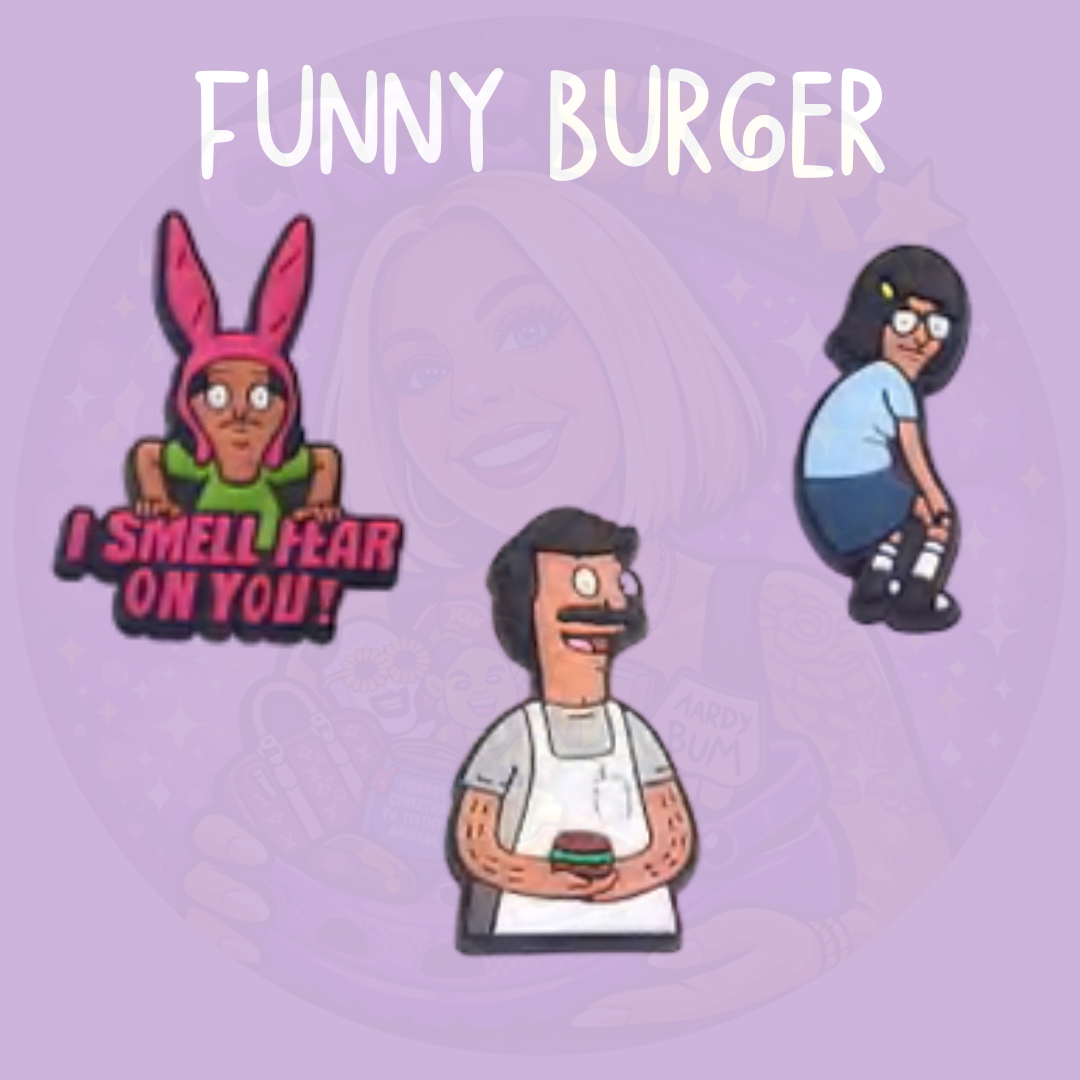Funny cartoon bobs burger themed shoe charms featuring quirky characters, funny quote and burger designs. Bob Belcher, tina belcher, louise belcher