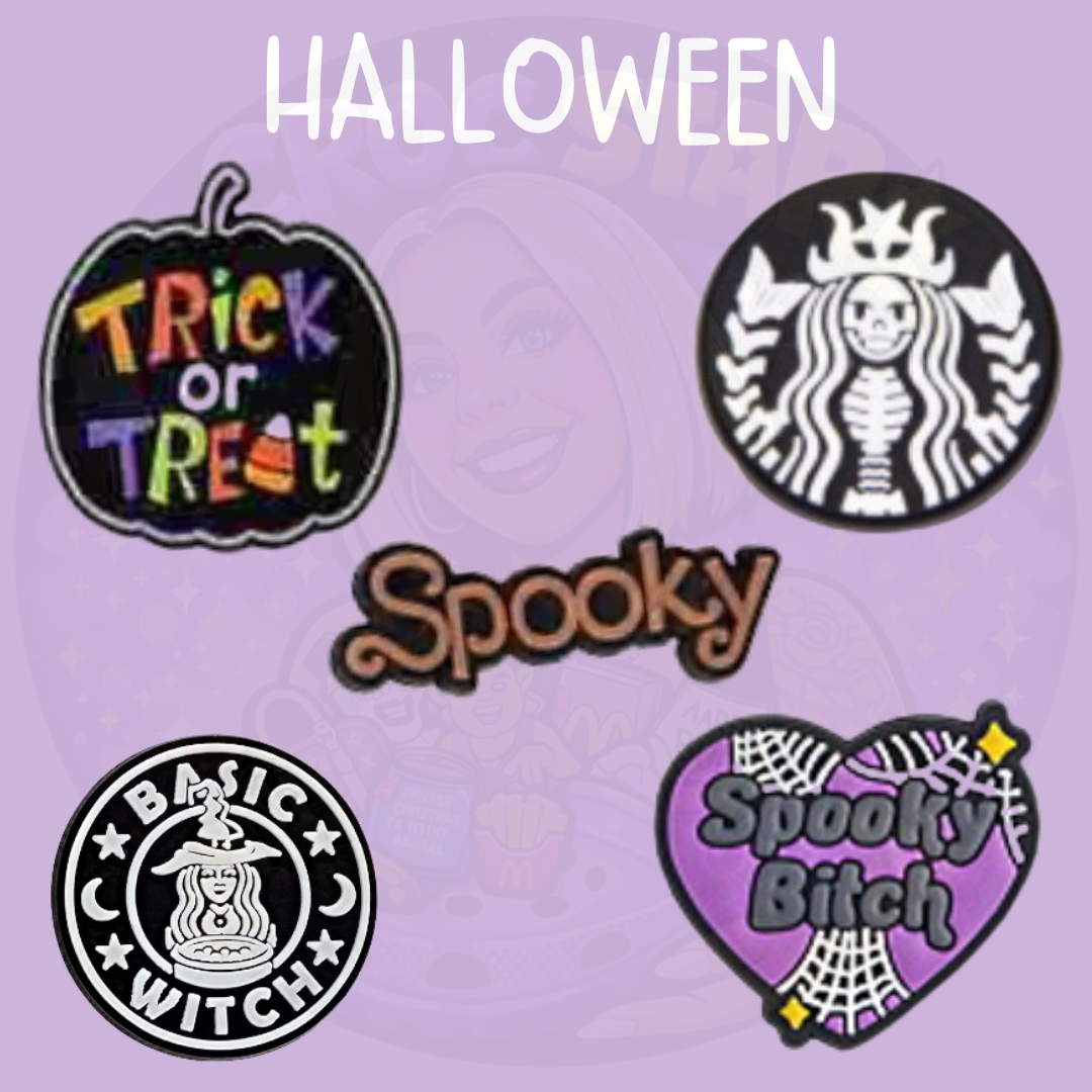 Halloween Croc charms featuring spooky and witchy shoe charm designs