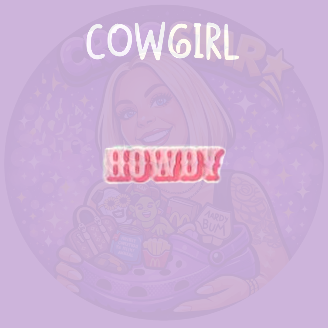 Pink howdy cowgirl croc charm with western style font on a purple background