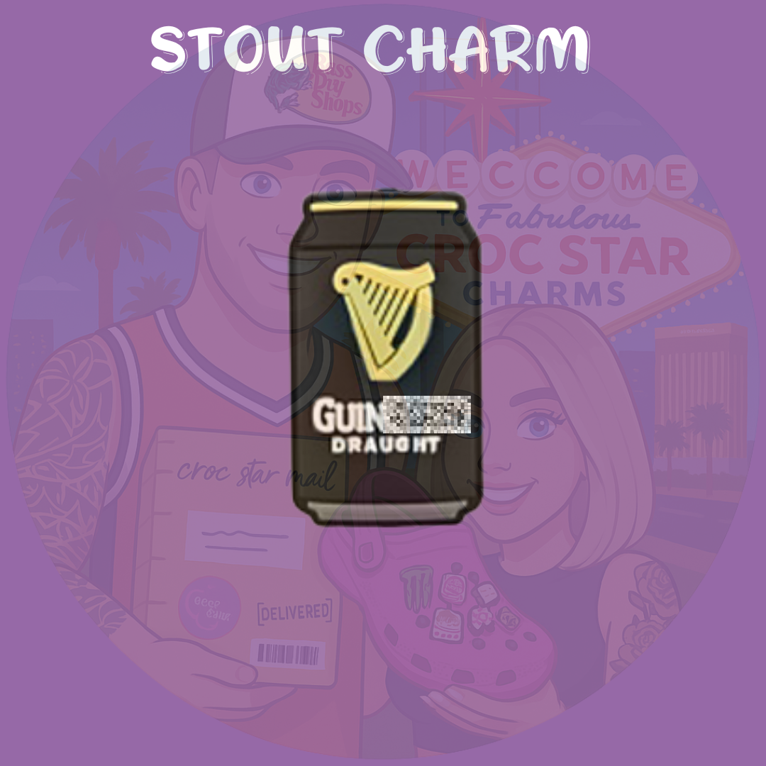 Irish stout croc charm featuring a dark beer can design