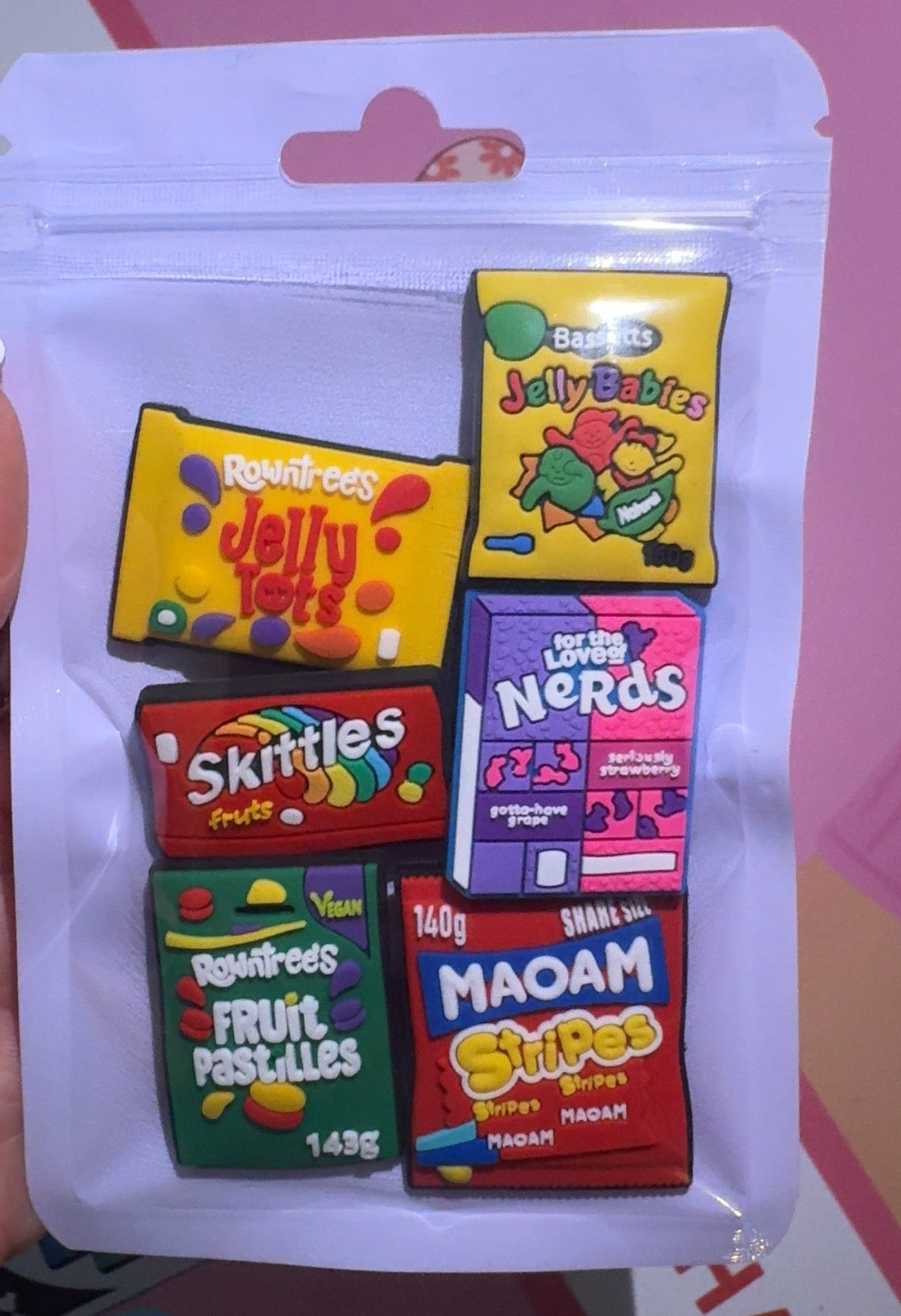 Sweet and candy Croc charm bundle featuring Jelly Tots, Jelly Babies, Skittles, Nerds, Fruit Pastilles and MAOAM