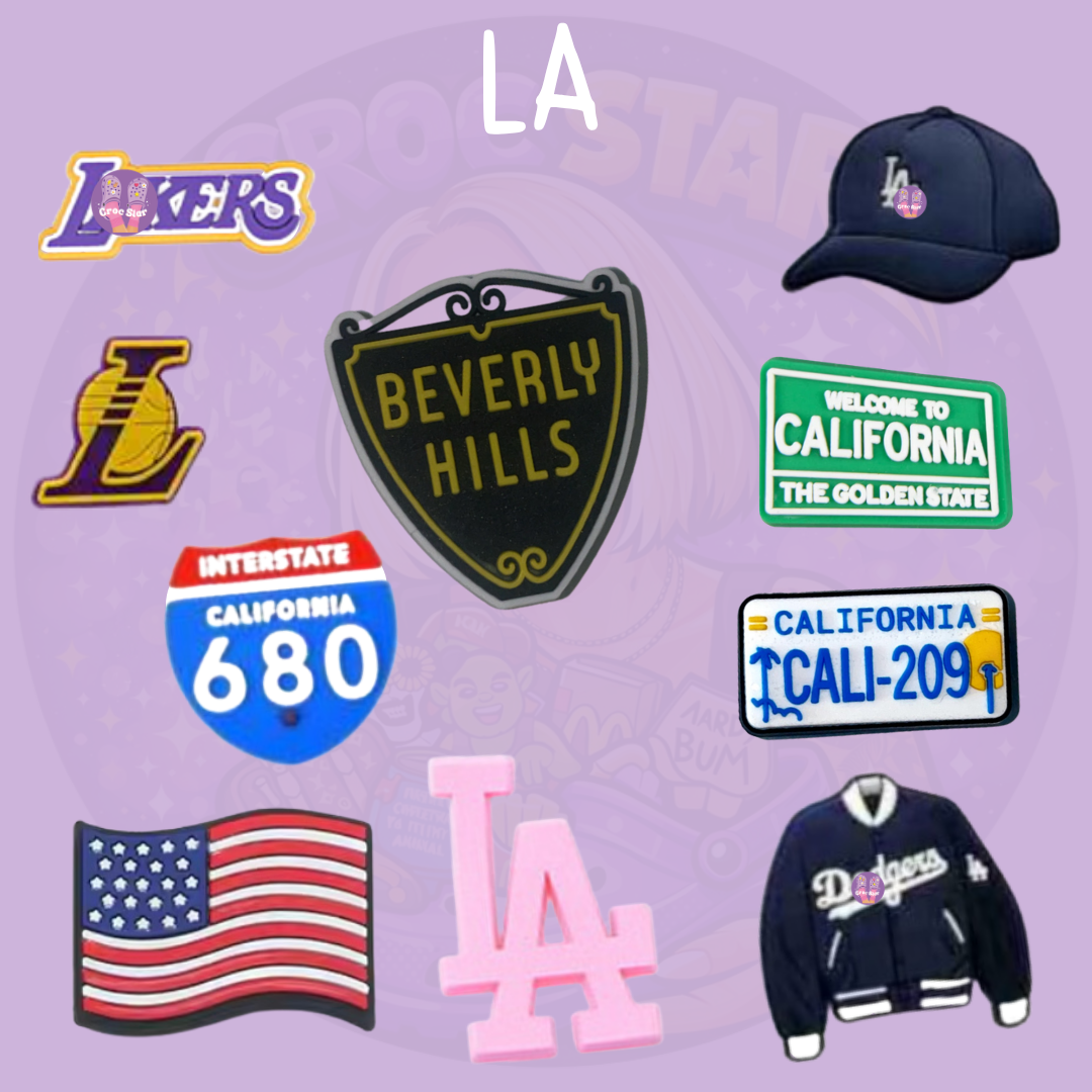 Los Angeles Croc charms featuring California signs, Beverly Hills, LA and USA themed designs