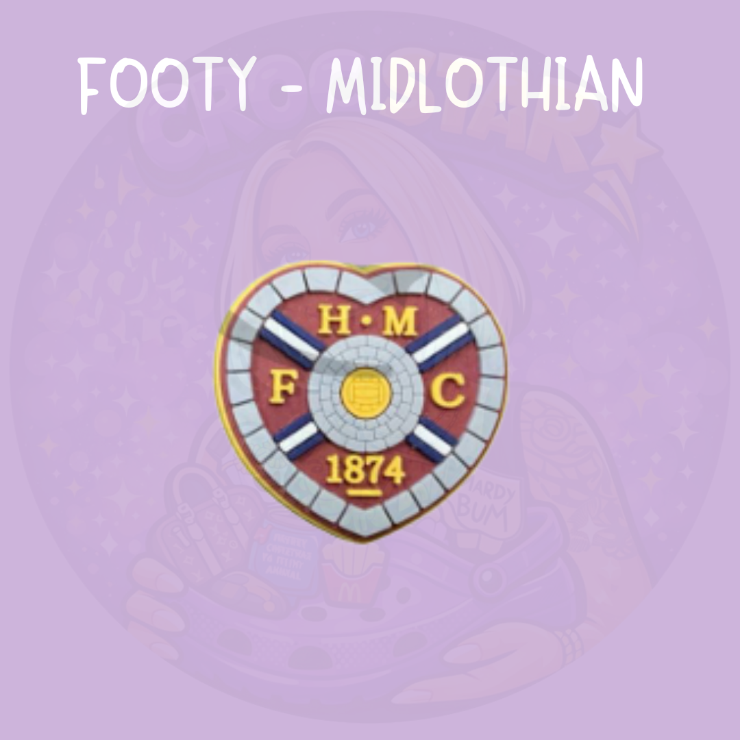Maroon heart shaped football inspired croc charm with crest style design and gold detailing on a purple background