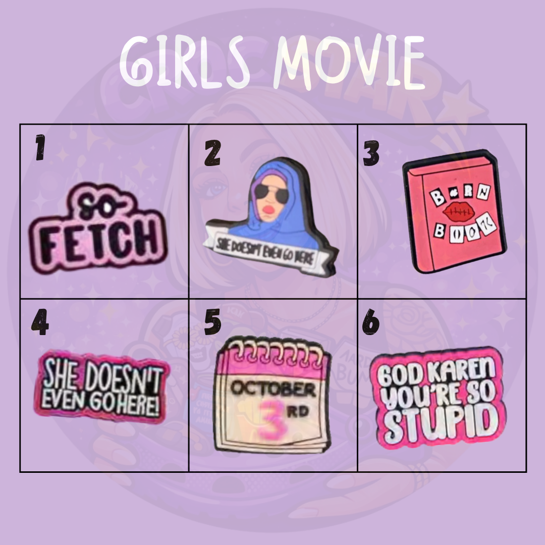 Pink 2000s teen movie shoe charms featuring iconic quotes, calendar, pink book and character inspired designs