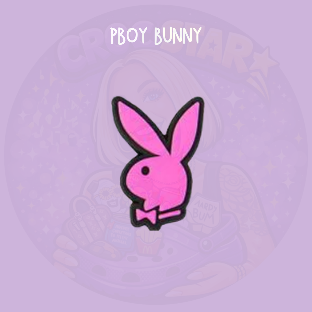 Pink playboy bunny croc charm with a cute minimalist design on a purple background