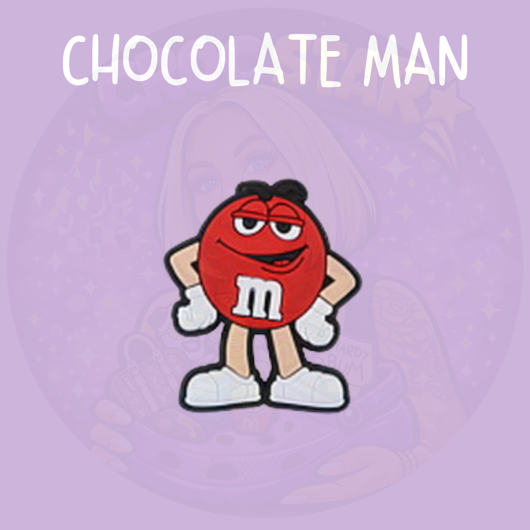 Red chocolate candy character shoe charm with a smiling face, white gloves and white trainers