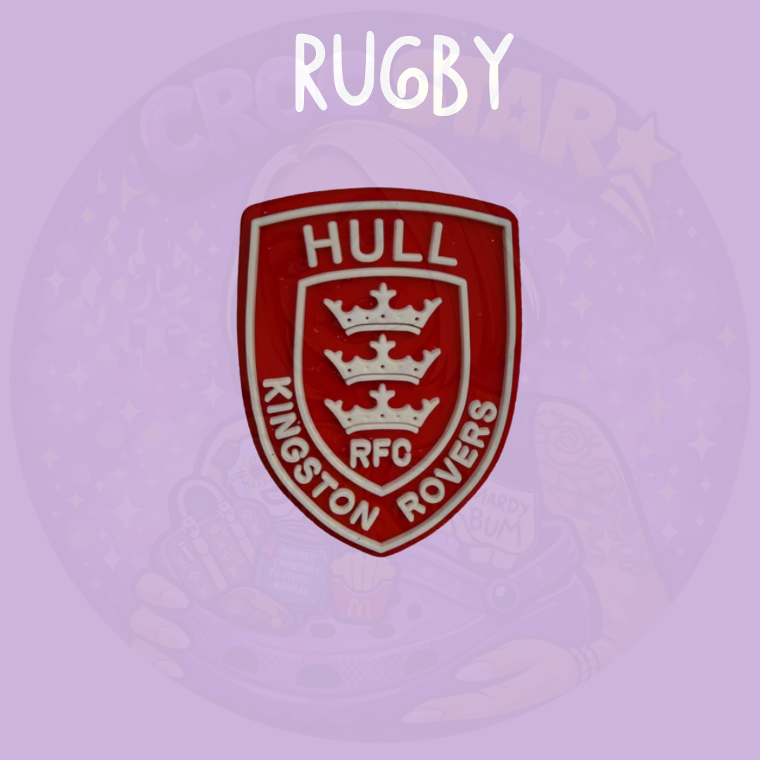 Red rugby inspired croc charm with crown crest style design on a purple background