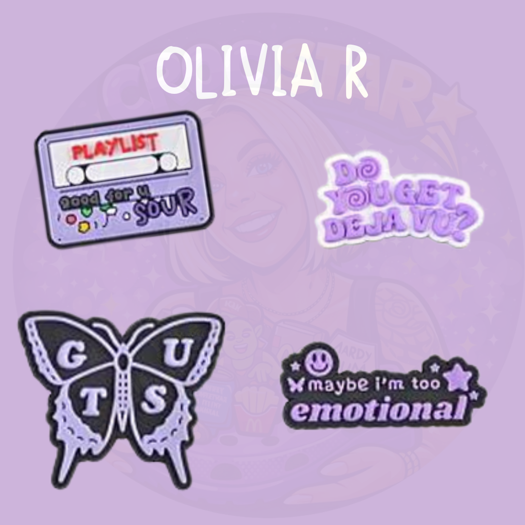 Music inspired croc charms featuring playlist design, lyric style text and butterfly aesthetic on a purple background