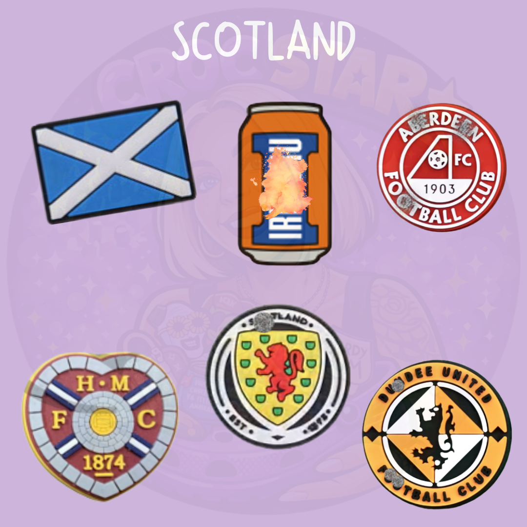 Scottish Croc charms featuring the Scotland flag, Irn-Bru can and Scottish football club designs