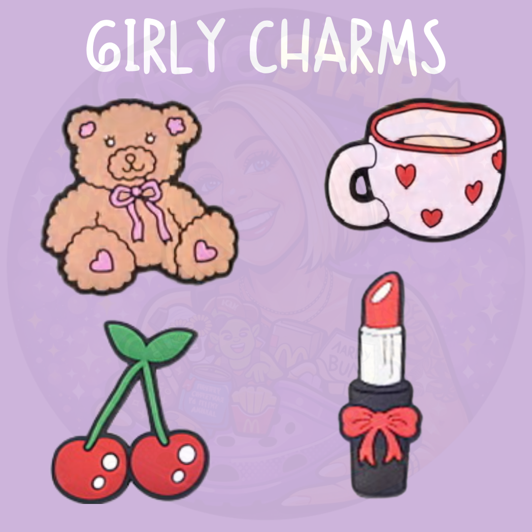 Girly Croc Charms – Teddy Bear, Coffee, Cherry & Lipstick Shoe Charms