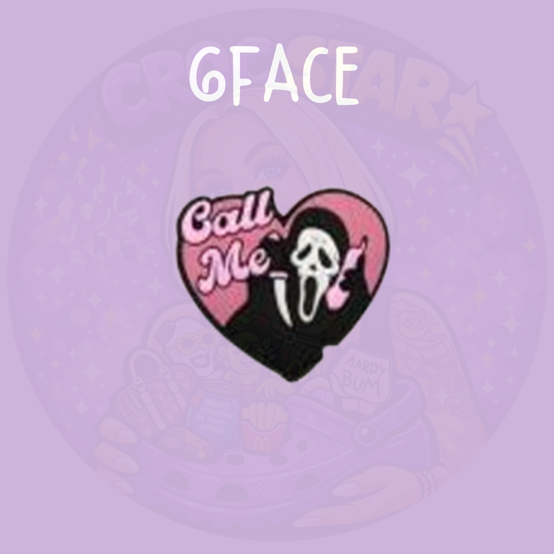 Pink heart croc charm with spooky ghost style character and “call me” text on a purple background