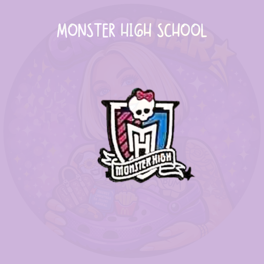 Gothic monster inspired croc charm with skull and school crest design in pink blue and black on a purple background