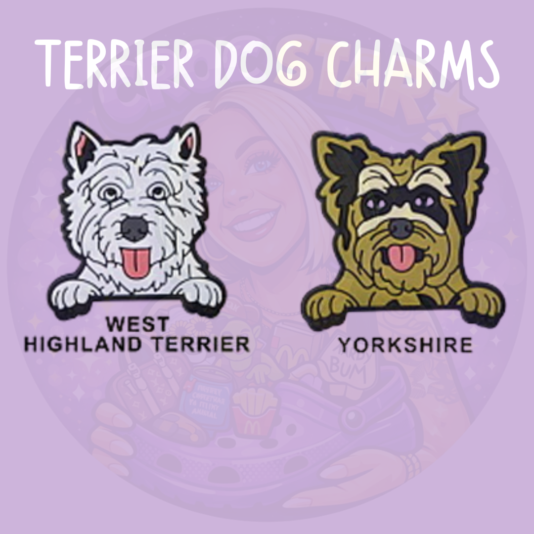 Terrier dog croc charms featuring West Highland Terrier and Yorkshire Terrier