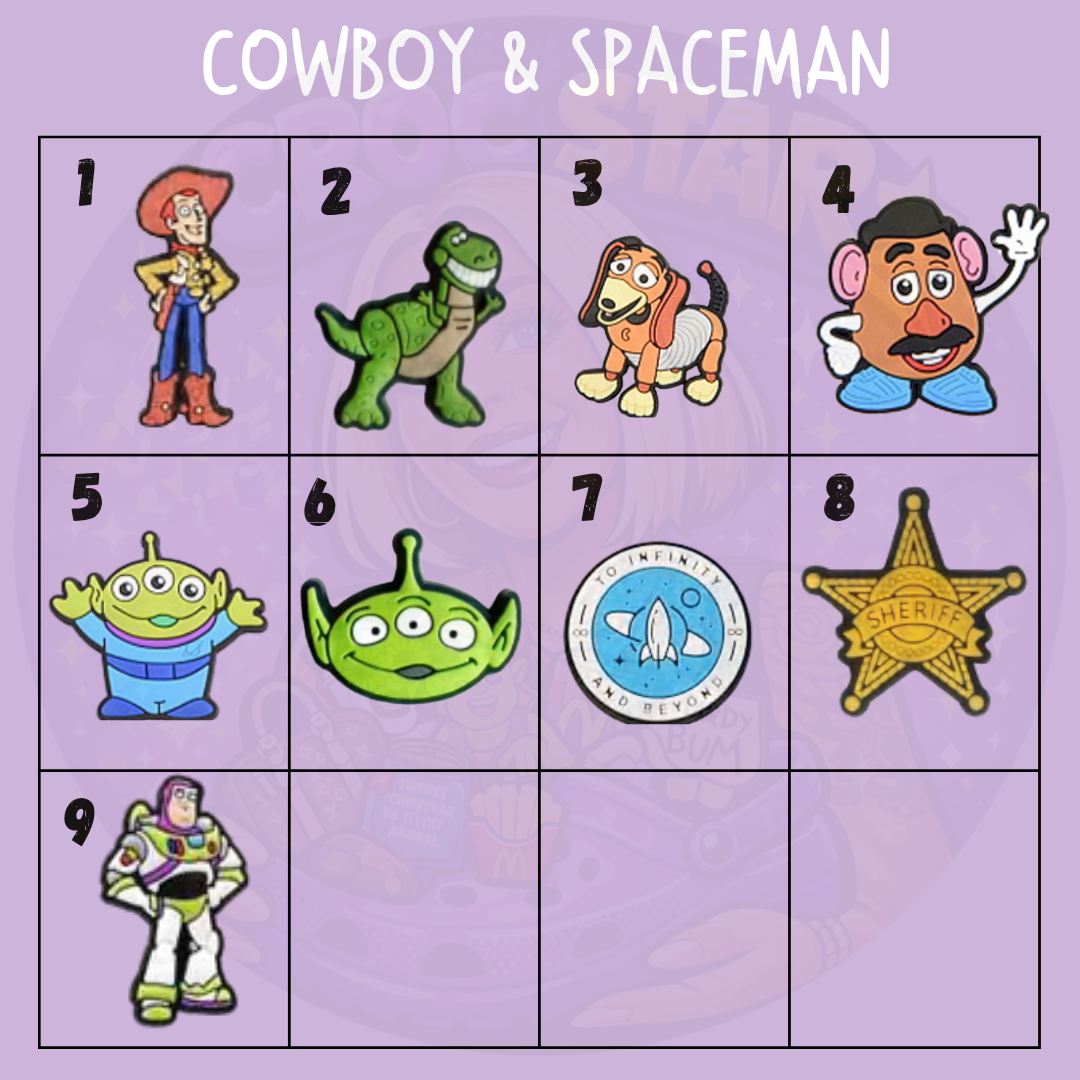 Toy Story character shoe charms featuring Woody cowboy, Buzz spaceman, Aliens, Rex dinosaur, Slinky and Mr Potato Head designs