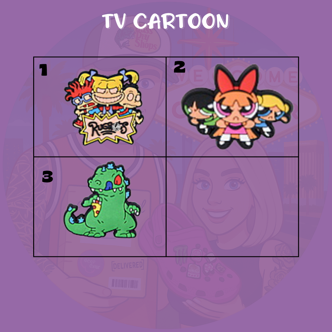 A fun assortment of Croc charms inspired by popular cartoon TV shows, featuring colorful characters, logos, and iconic items from various animated series. Made from soft rubber, these charms snap into Crocs holes to add a playful and nostalgic touch for fans of all ages.