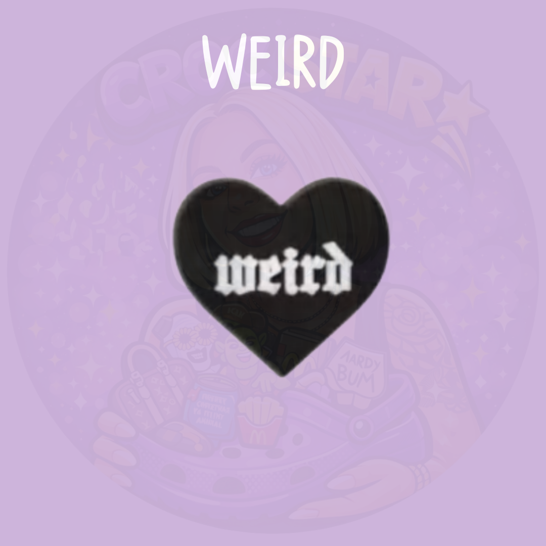 Black weird heart croc charm with gothic-style lettering
