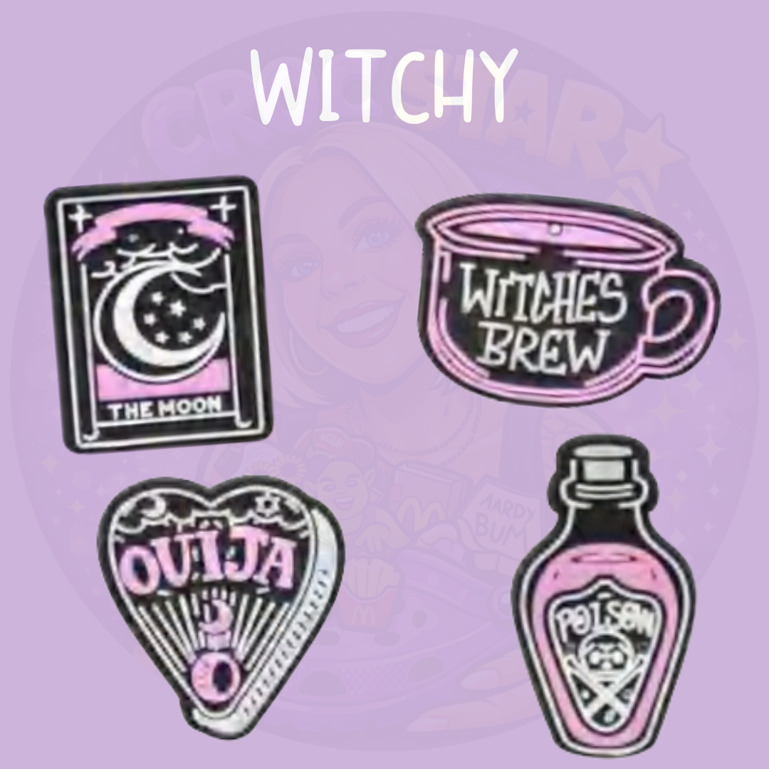 Witchy Croc charm bundle featuring tarot, witches brew, Ouija and poison designs