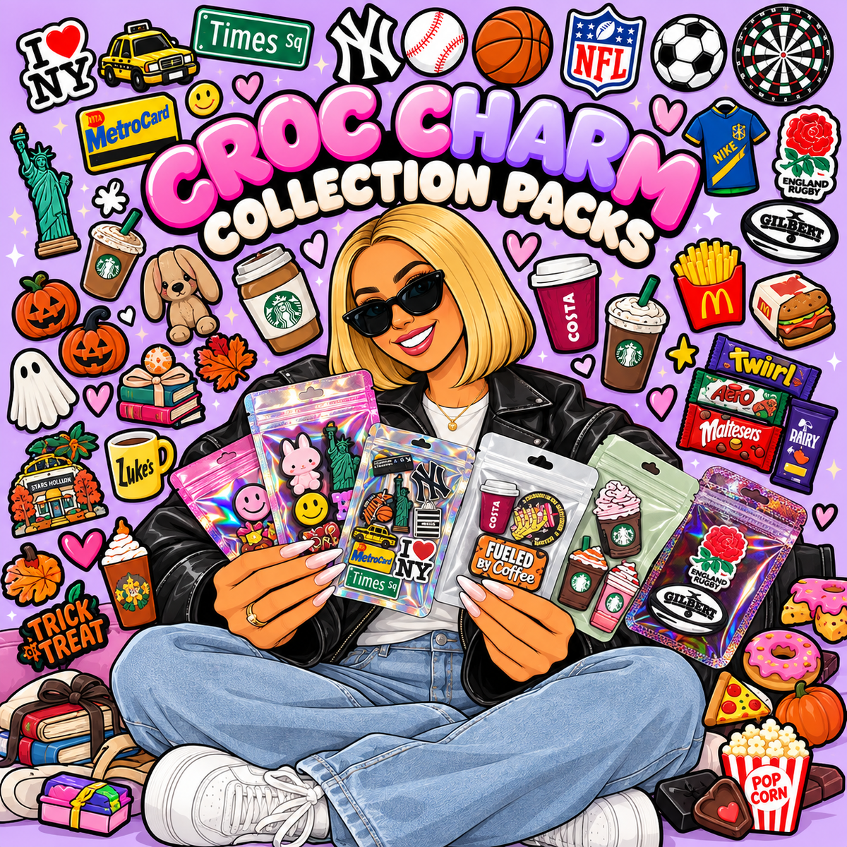 Croc Star collection packs featuring colourful themed shoe charms including New York, coffee, food, sports and seasonal designs