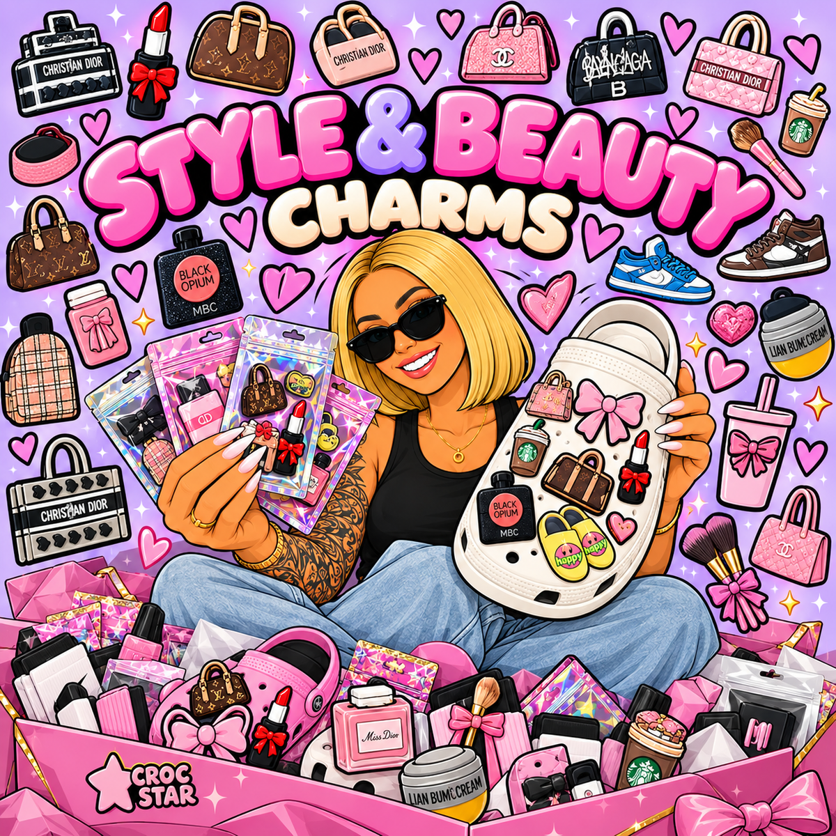 Style and beauty Croc charms featuring shoes, handbags, bows, lipstick, perfume and fashion accessories