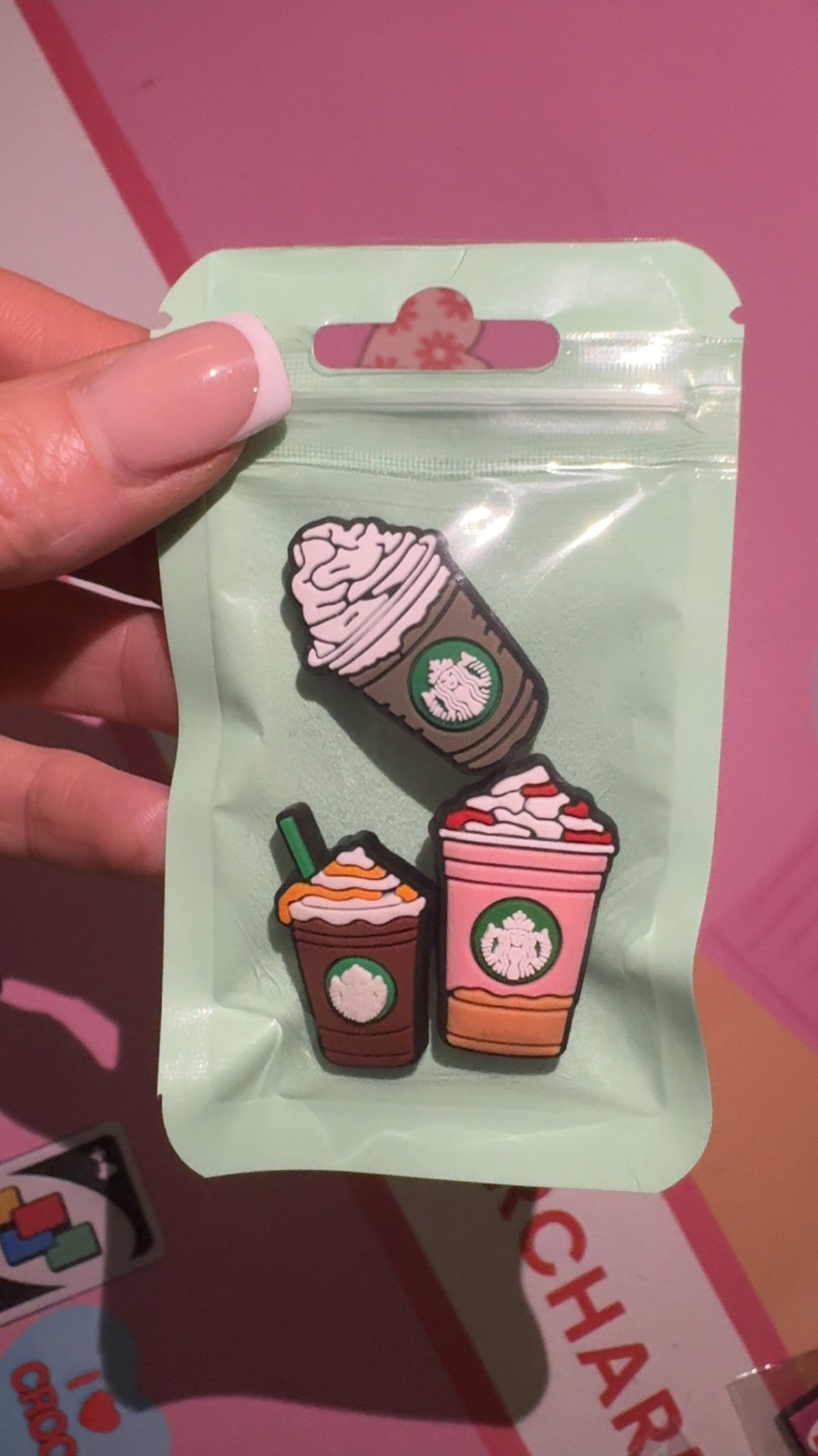 3 coffee croc charms bundle with cute takeaway drink designs
