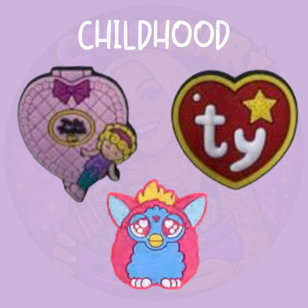 90s childhood nostalgia Croc charms featuring a heart-shaped plush toy logo, vintage plush character and colourful electronic pet toy