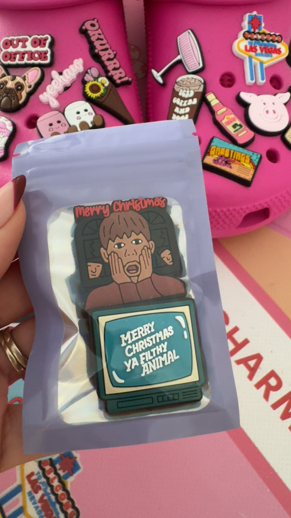 90s nostalgia Christmas movie shoe charms featuring Home Alone designs