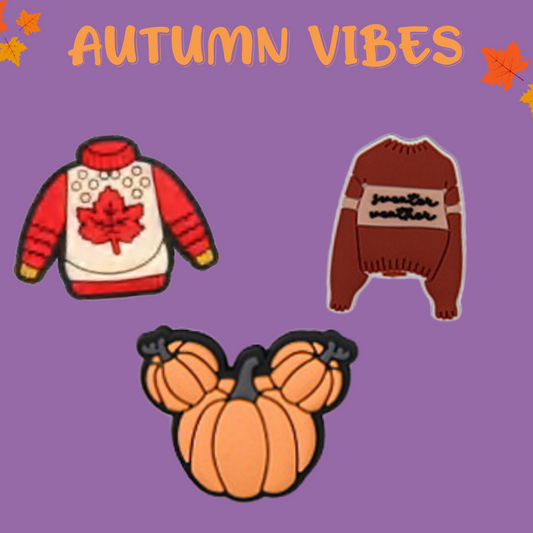 autumn-themed Croc charms featuring pumpkins, leaves, acorns, and cozy fall designs — perfect for personalizing your Crocs for the fall season.