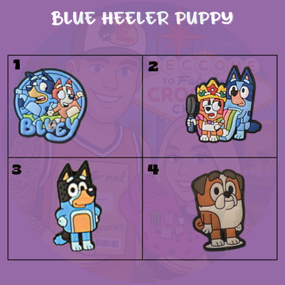 Cute blue puppy cartoon Croc charms set for kids”

“Family-inspired dog Croc charms on blue and yellow Crocs shoes”

“Playful puppy Croc charms flat lay – toys, bones, and rainbow designs”

“Colorful cartoon dog Croc charms set for children”

“Adorable blue dog-inspired Croc charms gift set for families”