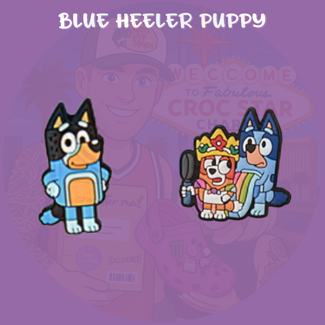 A playful set of Croc charms featuring a lovable blue and light blue cartoon dog with big expressive eyes and floppy ears. The charms capture the character’s cheerful and energetic personality in fun, colorful designs made from soft rubber, perfect for fans of the popular kids’ show.