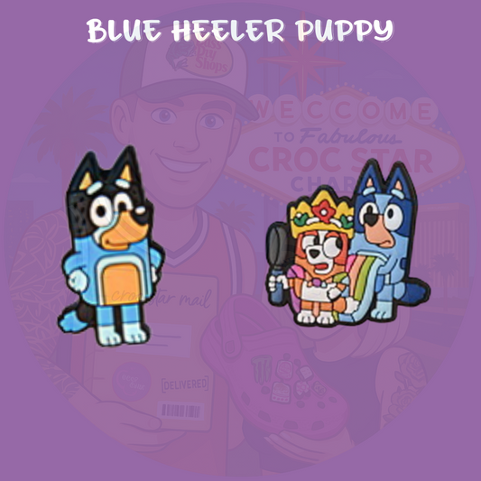 A playful set of Croc charms featuring a lovable blue and light blue cartoon dog with big expressive eyes and floppy ears. The charms capture the character’s cheerful and energetic personality in fun, colorful designs made from soft rubber, perfect for fans of the popular kids’ show.