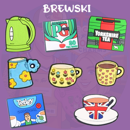 British tea-themed Croc shoe charms featuring iconic tea cups and popular British tea bag brands. Perfect for tea lovers and fans of classic British culture, these charms add a charming and cozy touch to your Crocs or other footwear